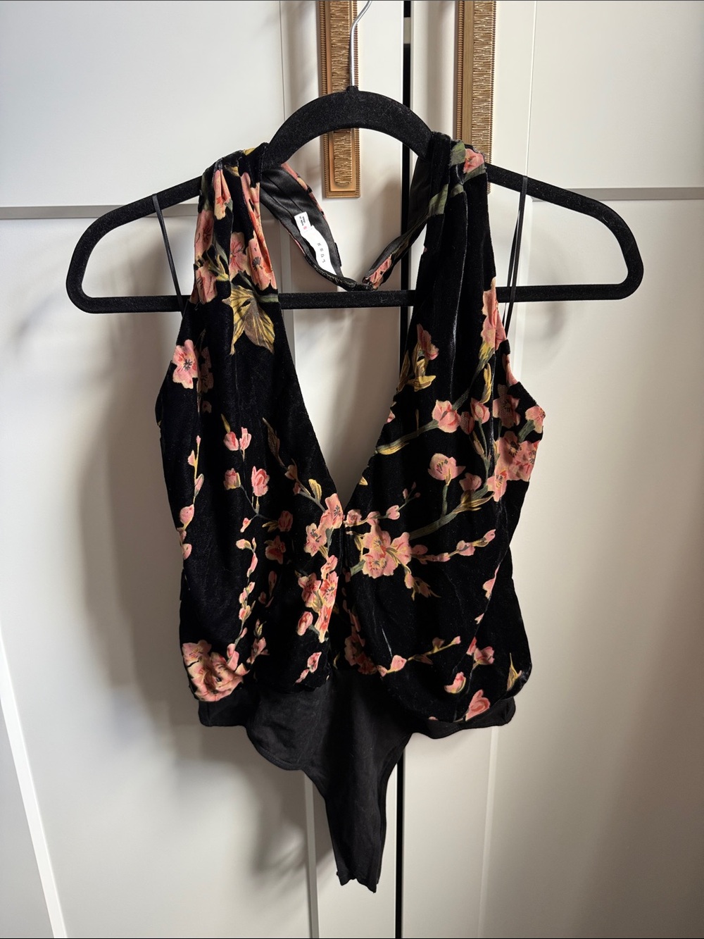 Floral Velvet Halter Bodysuit Top - Black with Pink Floral - Lush Small